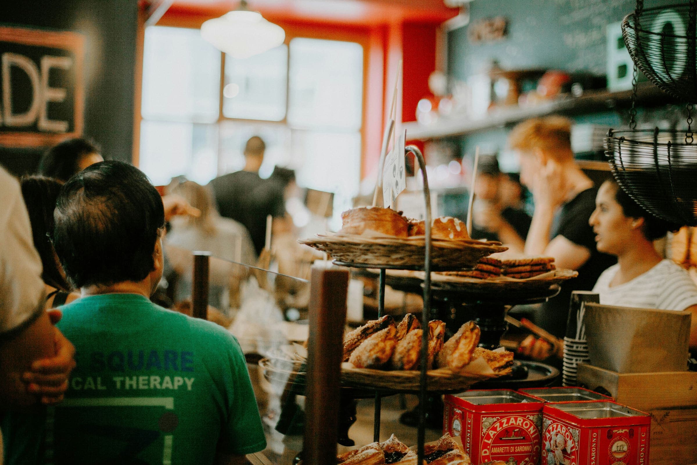 A bakery counter of bread and pastries